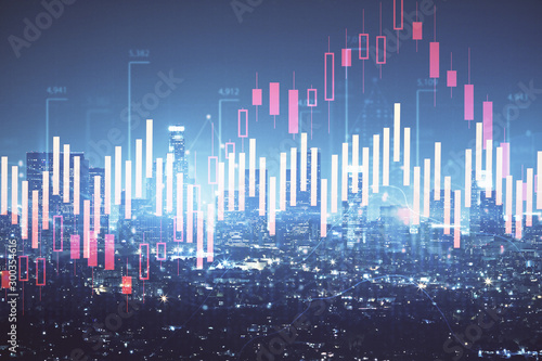 Forex chart on cityscape with tall buildings background multi exposure. Financial research concept. © peshkova