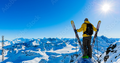 Fototapeta Naklejka Na Ścianę i Meble -  Ski area with amazing view of swiss famous mountains in beautiful winter snow  Mt Fort. The matterhorn and the Dent d'Herens. In the foreground the Grand Desert glacier.