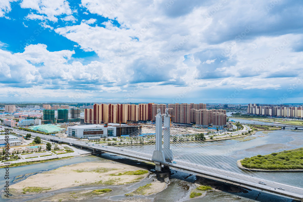 Fototapeta premium Aerial view of Hailar hassar bridge, Hulunbeir, Inner Mongolia, China