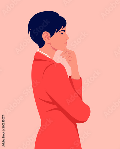 Portrait of a business woman in profile. Problems and solutions. Search for an idea. Vector flat illustration