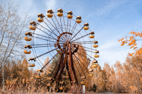 old carousel wheel in an abandoned amusement park in Chernobyl