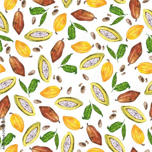 Seamless pattern with cocoa pods  beans and green leaves on white background. Hand drawn watercolor illustration.