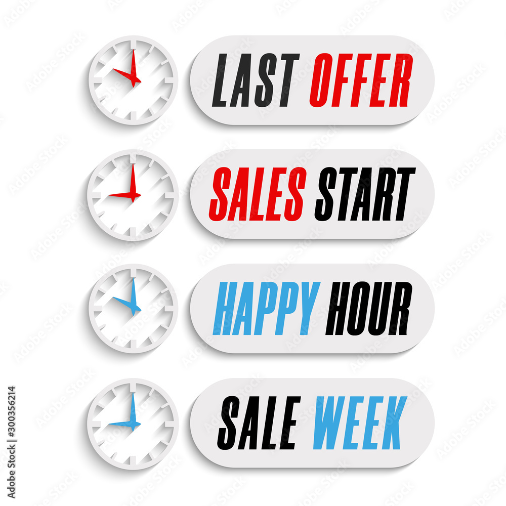 Set sale countdown 3d badges with clock. Last offer, sales week, happy hour, sale start promo stickers. Online marketing limited special promotions, Isolated vector labels Set sale countdown 3d badges with clock. Last offer, sales week, happy hour, sale start promo stickers. Online marketing limited special promotions, Isolated vector labels