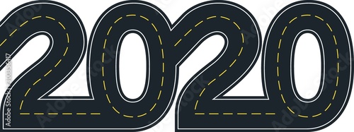 numbers of 2020 year in shape road with yellow lines separating traffic directions