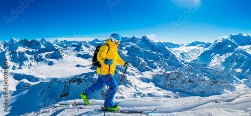 Winter panorama landscape from Mont Fort and famous Matterhorn, Dent d'Herens, Dents de Bouquetins, Weisshorn; Tete Blanche in the background, Verbier, 4 Valleys, photo