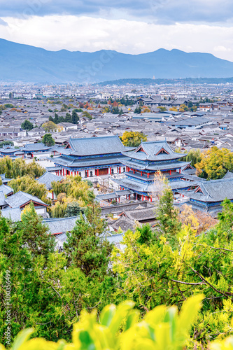High-angle scenery of Dayan Ancient City and Mufu, Lijiang, Yunnan, China
