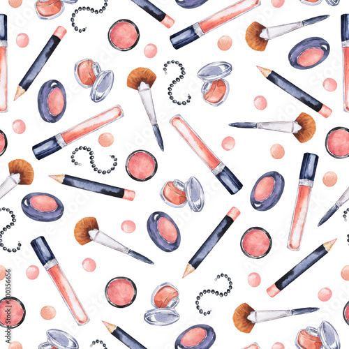 Seamless pattern with makeup, brushes and black bracelets on white background. Hand drawn watercolor illustration.