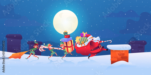 Vector santa claus with elves with present bags