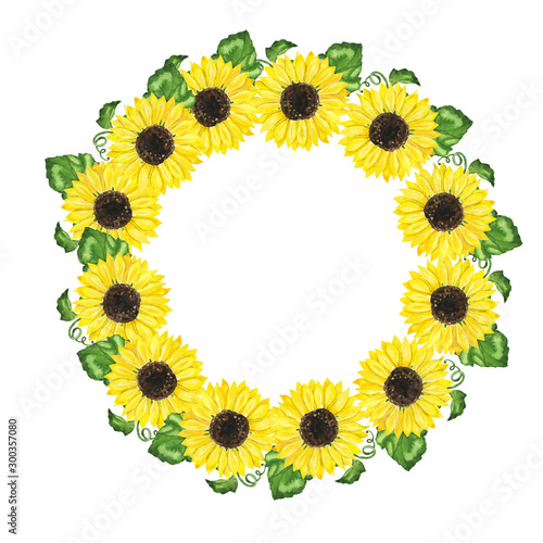 Yellow sunflower frame isolated on white background. Hand drawn watercolor illustration.