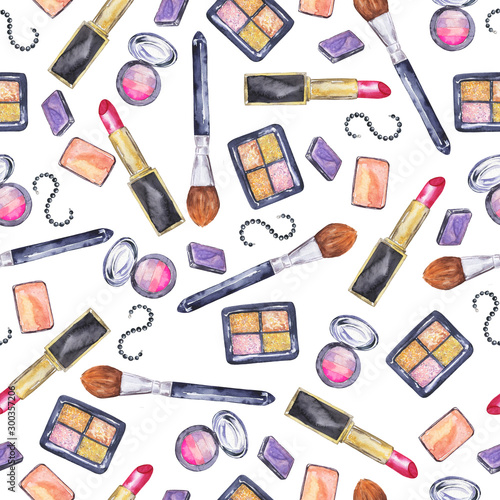 Seamless pattern with decorative cosmetic, lipsticks, brushes and dark bracelets on white background. Hand drawn watercolor illustration.