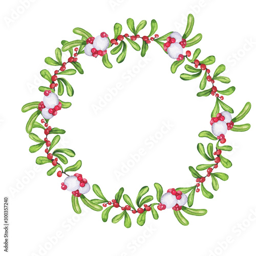 Green leaves and red and white berries frame isolated on white background. Hand drawn watercolor illustration.