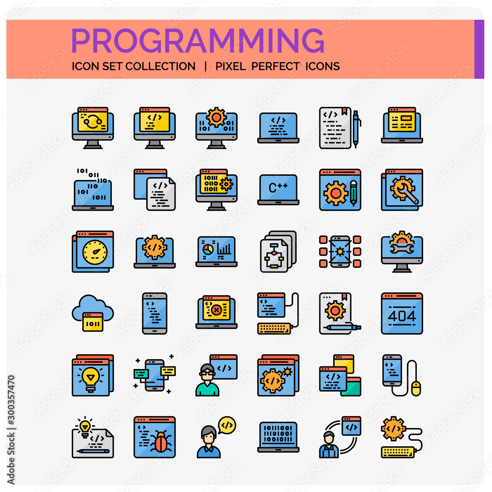 Programming Icons Set. UI Pixel Perfect Well-crafted Vector Thin Line Icons. The illustrations are a vector.