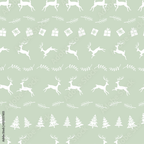 Fun and happy christmas seamless pattern with jumping deers and christmas decoration  hand drawn and creative  great for wrapping  textiles  banners  wallpapers - vector design