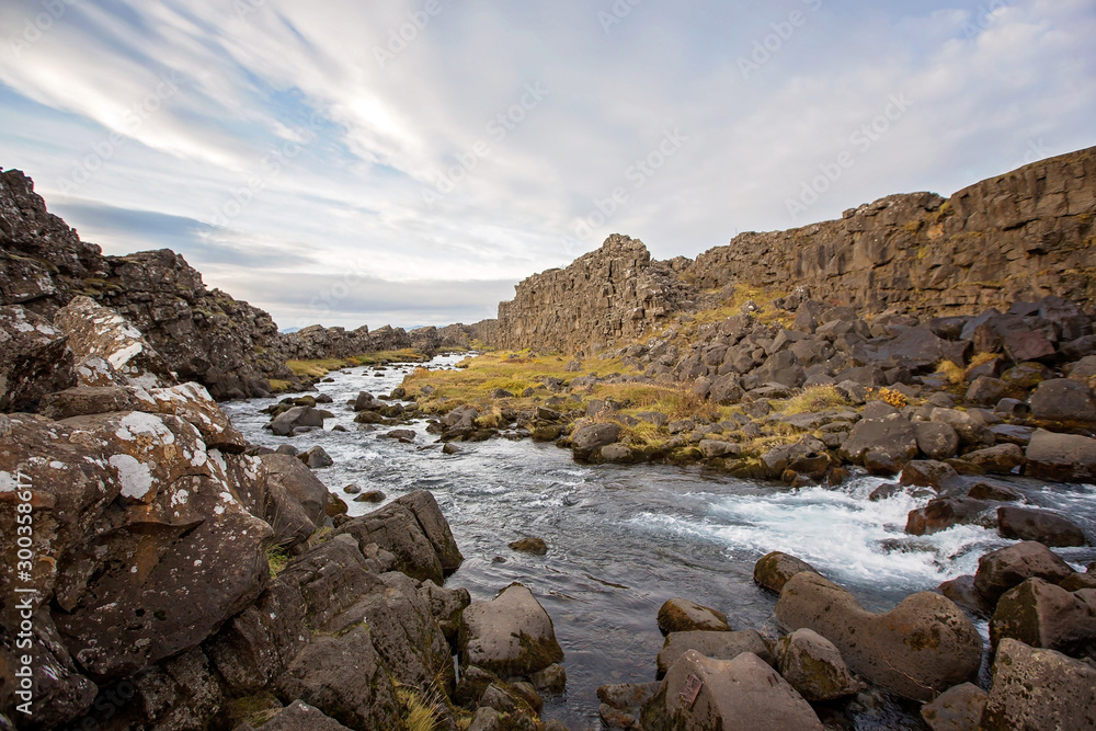 View of Oxararfoss Waterfall in Thingvellir National Park rift valley, Iceland View of Oxararfoss Waterfall in Thingvellir National Park rift valley, Iceland