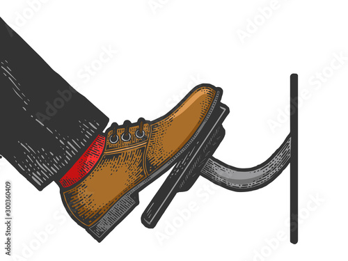 Foot presses throttle car accelerator pedal sketch engraving vector illustration. T-shirt apparel print design. Scratch board style imitation. Black and white hand drawn image.