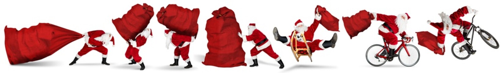 Set collection of crazy red traditional santa claus with bag extreme funny with sleigh bike bicycle jump and huge giant big gift bag isolated  white christmas background
