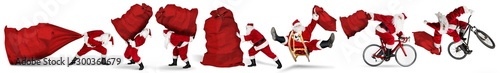Set collection of crazy red traditional santa claus with bag extreme funny with sleigh bike bicycle jump and huge giant big gift bag isolated  white christmas background