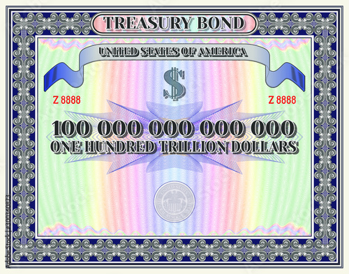 US Treasury bond blank in dark blue frame and one hundred trillion dollars inscription