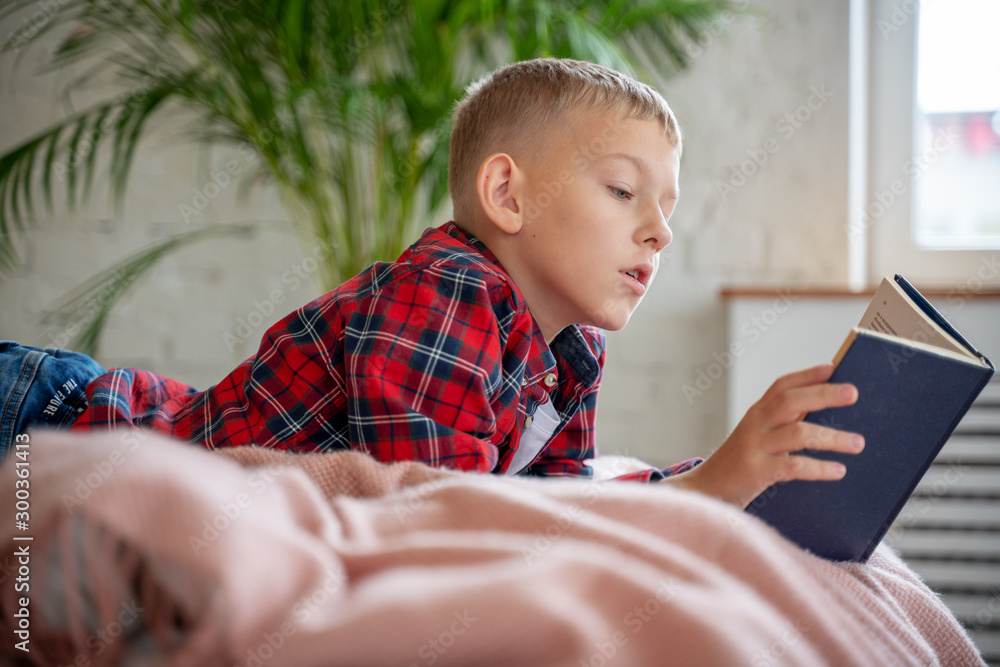 Boy, a schoolboy of 8 years old, reads with interest a paper book on the bed in the bedroom, education, children's literature, development of imagination Boy, a schoolboy of 8 years old, reads with interest a paper book on the bed in the bedroom, education, children's literature, development of imagination