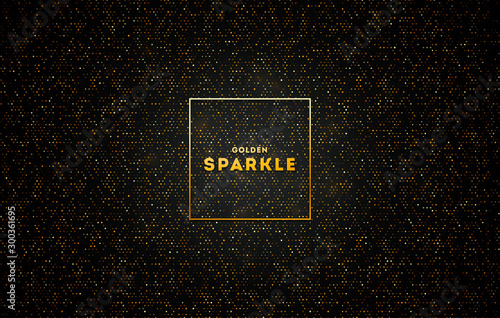 Vector illustration abstract black background textured with golden halftone pattern. Creative cover design with stamped dotted texure.