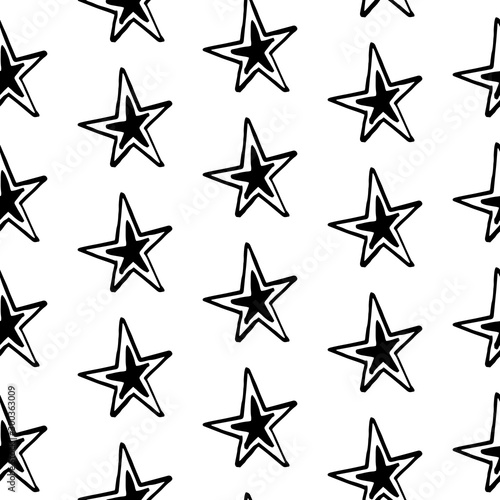 Stars pattern. Hand-drawn doodle stars on white background. Seamless vector backdrop. Black and white.