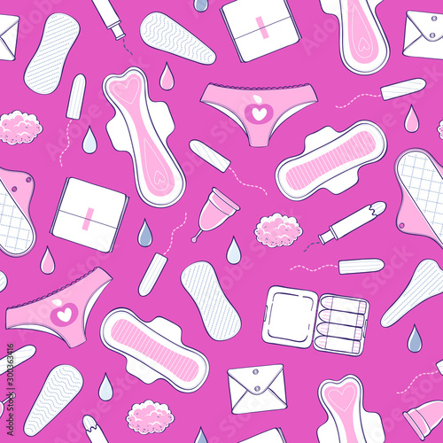 Feminine hygiene - sanitary napkins, pantyliners and tampons seamless pattern.