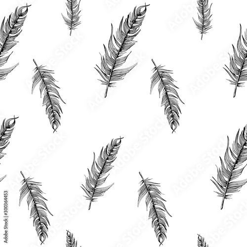 Feathers pattern. Hand-drawn sketch style bird feathers on white background. Seamless vector backdrop. Black and white.