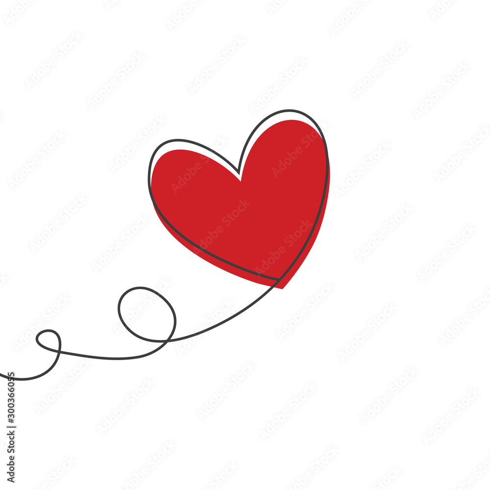 Heart shaped balloon in continuous drawing lines and glitch red heart in a flat style in continuous drawing lines. Continuous black line. The work of flat design. Symbol of love and tenderness