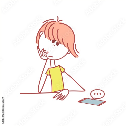 Girl is looking at the phone with hope. Stick woman waiting for a phone call. Hand drawn style vector design illustrations.