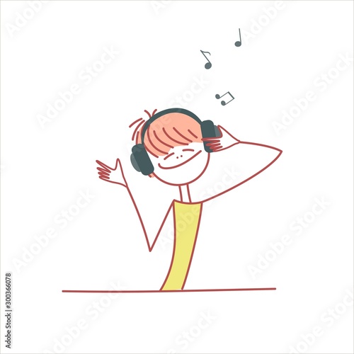 Young woman listening to music. Vector.