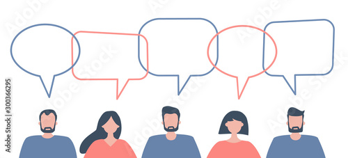 Community of people. Communication of men and women. People icons with speech bubbles. Vector illustration
