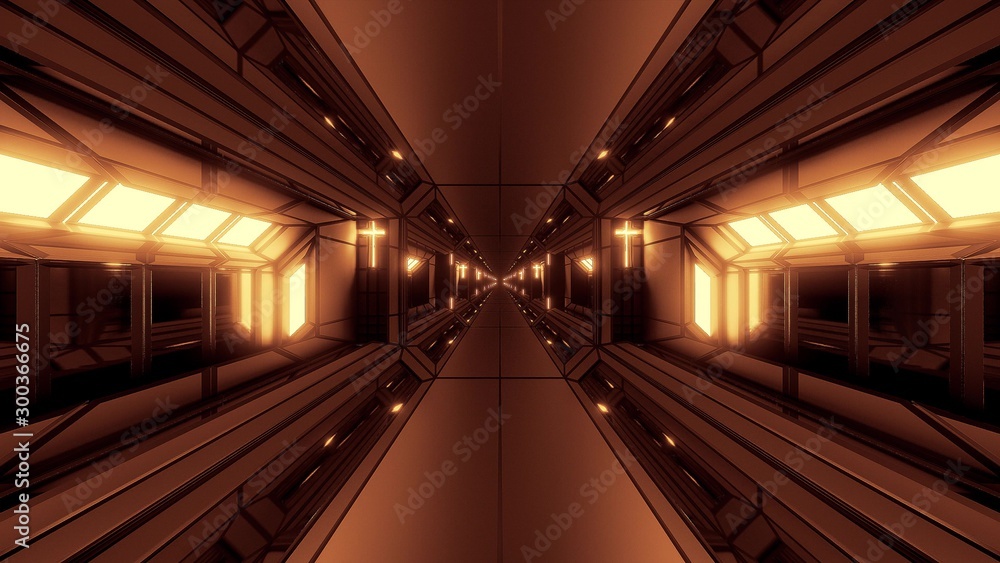 futuristic scifi fantasy space hangar tunnel corridor with holy christian glowing cross 3d illustration wallpaper background