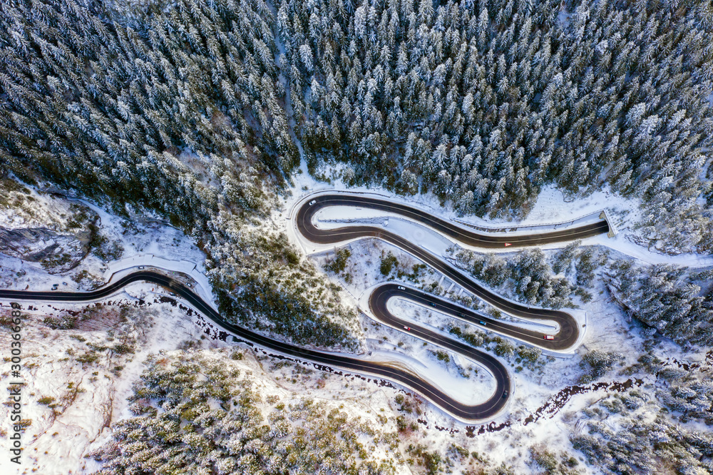 Above view of curvy winter road