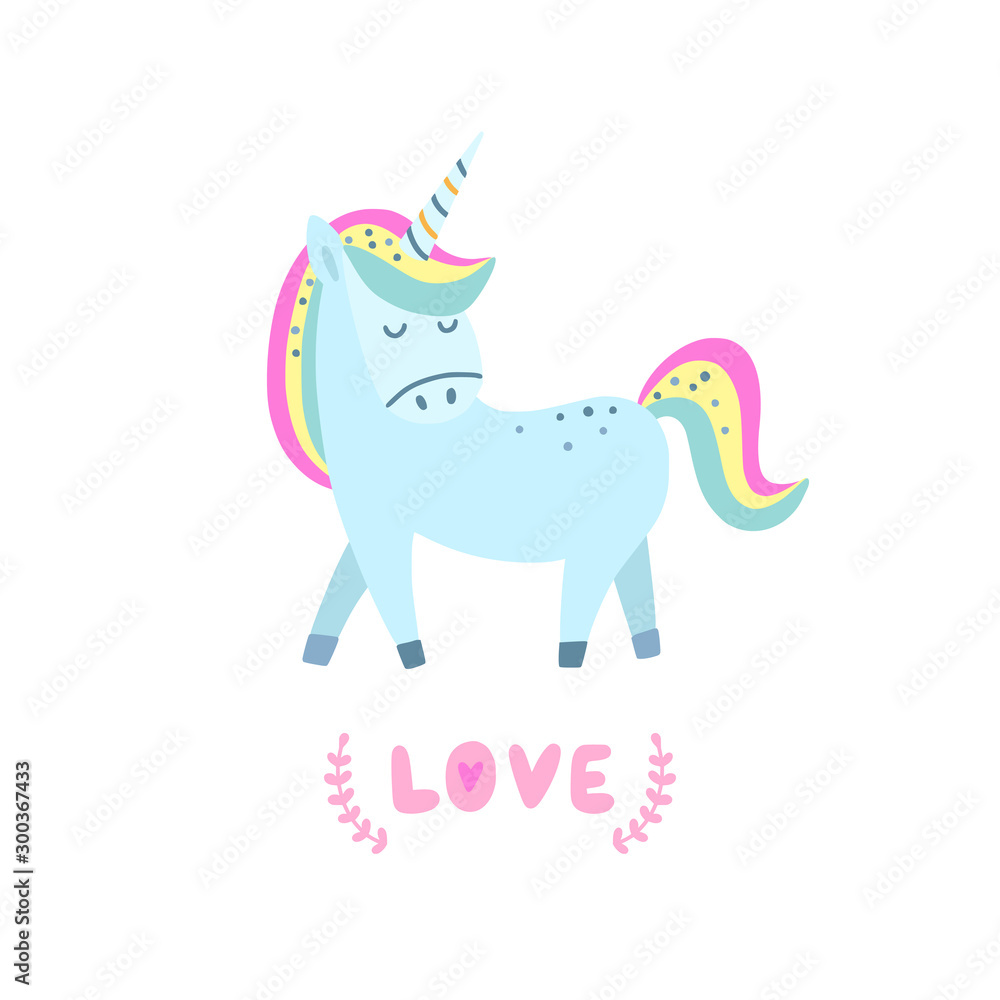 Fototapeta premium Cute unicorn isolated on white background. Vector magic horse illustration for little kids with pink lettering