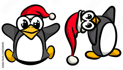 Two funny and wriggling penguins in Christmas hats in vector cartoon style.