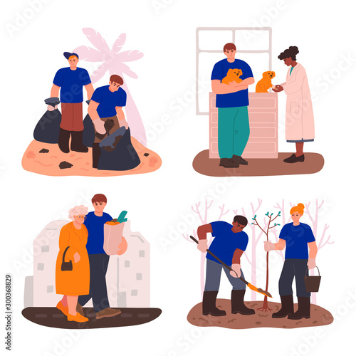 A set of volunteer help situations. Volunteers at work. Helping people, animals and nature. Charity donation. Vector illustration in freehand drawn style