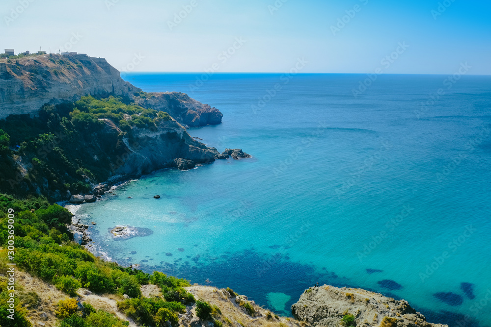 Scenic seascape. Rocky cliffs and sea shore. Black sea, Crimea.