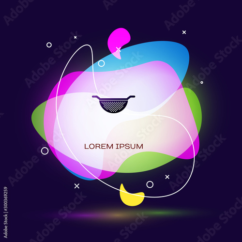 Black Kitchen colander icon isolated on dark blue background. Cooking utensil. Cutlery sign. Abstract banner with liquid shapes. Vector Illustration