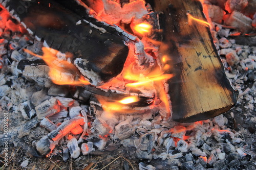 Flames of red color and burning firewood, coals, bonfire