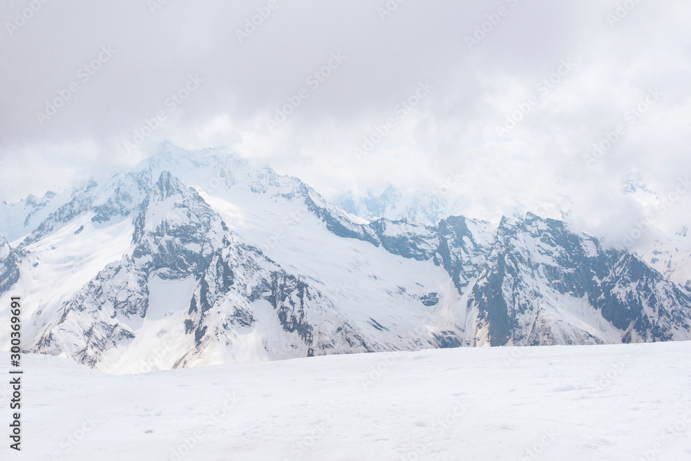 view of snowy mountains in winter, Caucasus, winter mountain landscape, Russia