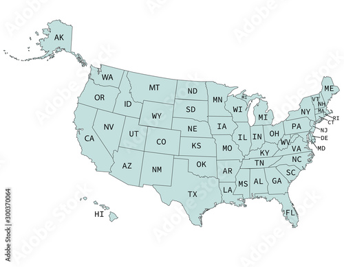 The USA state vector map with abbreviations isolated on white background
