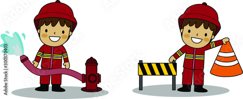 vector of firefighter boy who is a rescuer extensively trained in firefighting and his tools in cartoon character design illustration