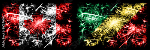 Canada, Canadian vs Congo, Congolese New Year celebration sparkling fireworks flags concept background. Combination of two abstract states flags