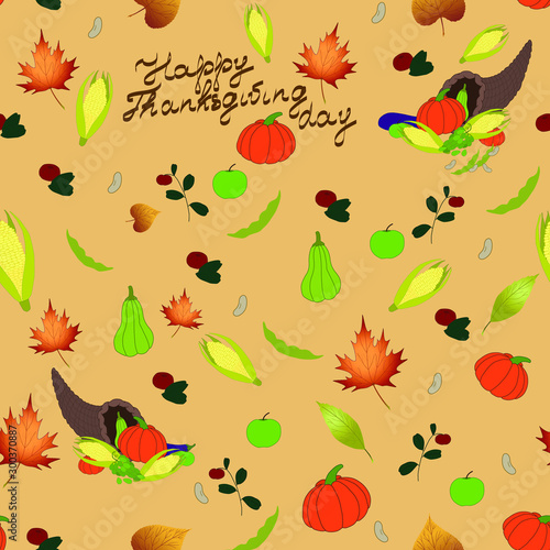Seamless vector pattern with different symbols of Thanksgiving day and hand lettering