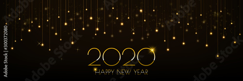 Christmas banner design with glowing golden lights curtain