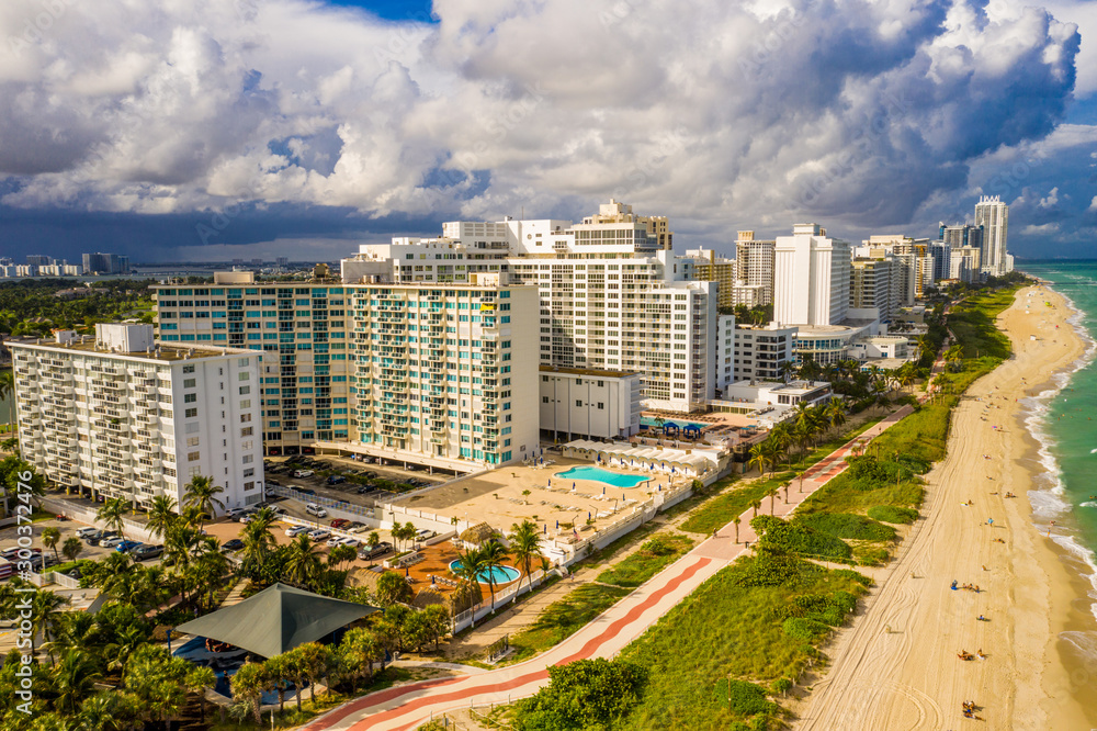 Obraz premium Aerial drone photo Miami Beach Oceanfront condominiums travel destination