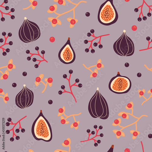 Seamless vector pattern with hand-drawn figs, elderberries, and bittersweet in rich colors on a lavender background. Fresh botanical illustration for stationery, packaging, fabric, home goods.
