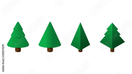 Isometric Christmas trees set. Collection of cone and pyramid shaped isometric trees isolated on white background. Low poly vector Christmas, New Year symbol for website, app, game, card, banners