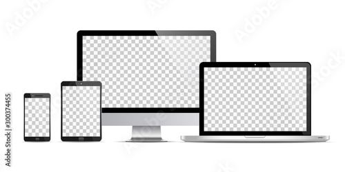 Realistic set of monitor, laptop, tablet, smartphone vector illustration. EPS 10