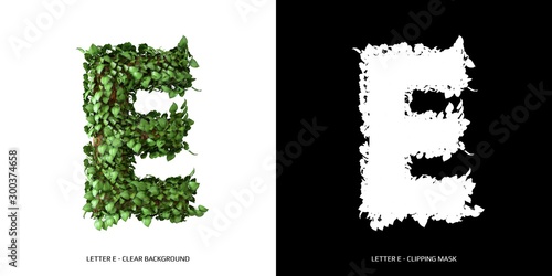 Letter E uppercase with tree shape with leaves. 3D Illustration.